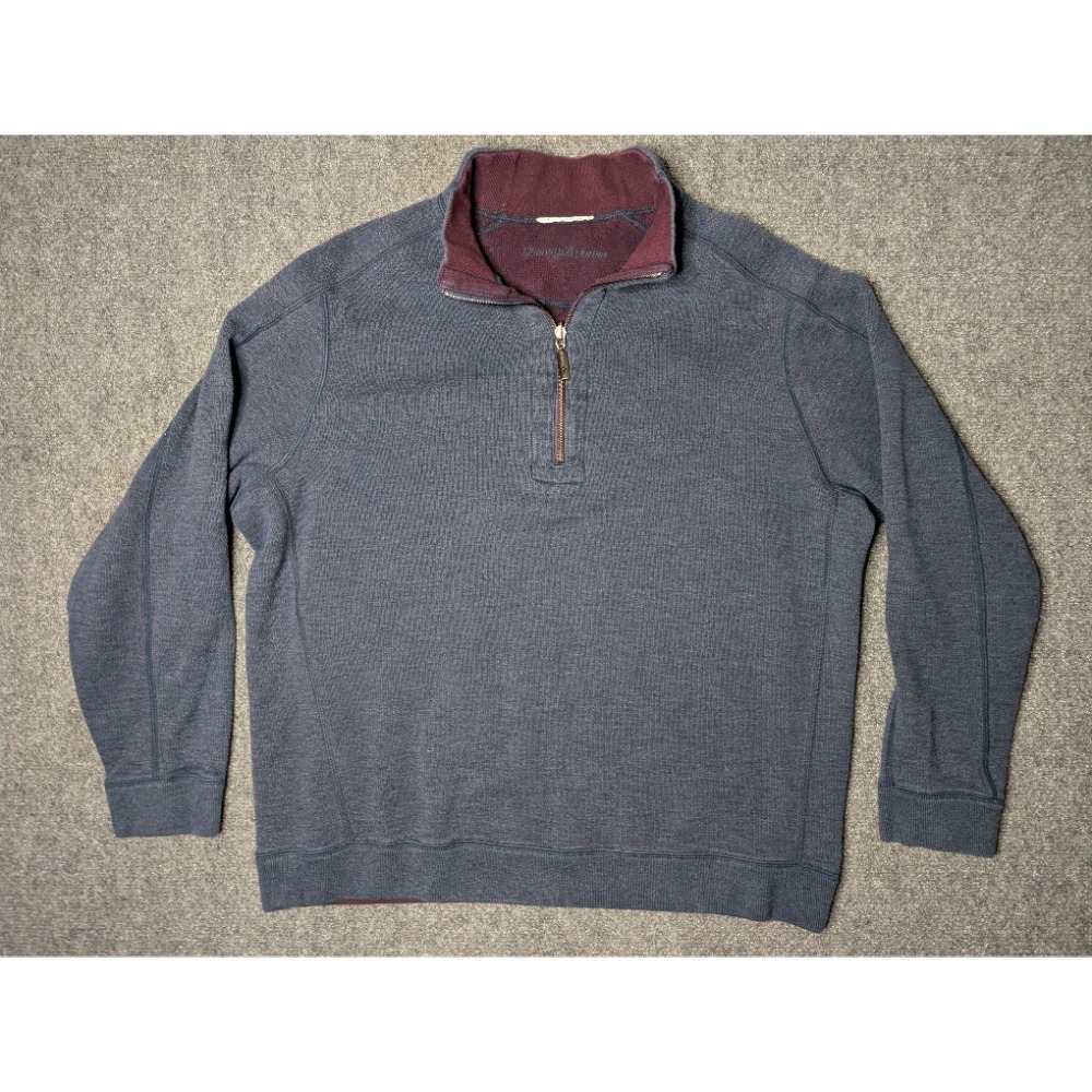 Tommy Bahama Sweater Men's Large Blue/ Burgundy Pullover 1/4 Zip Long‎ Sleeve